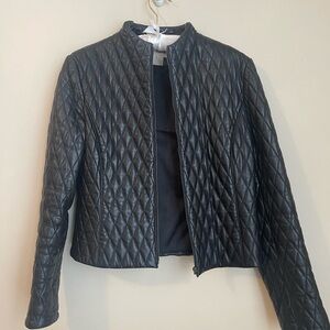 Jones New York Black Leather Jacket with Quilted Texture and Stand-Up Collar